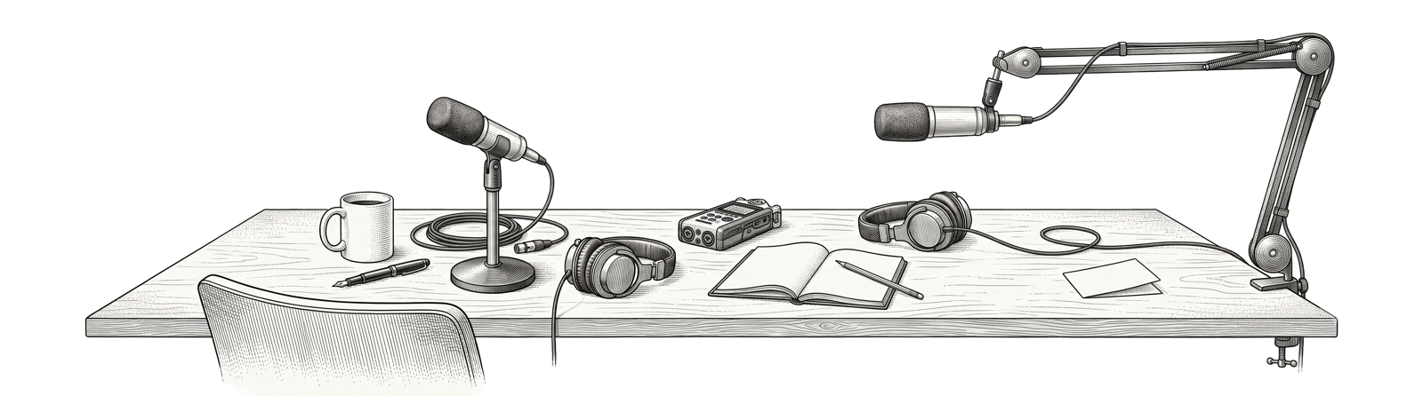 An archival illustration of a podcast table with microphones, headphones, a recorder, and an open notebook.