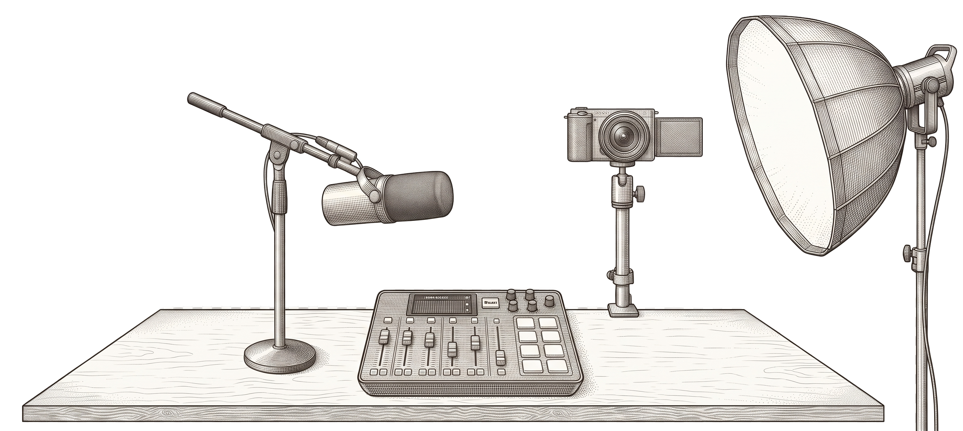 An engraved illustration of the planned podcast studio with an SM7B microphone, RØDECaster console, Sony camera, and SmallRig softbox light.