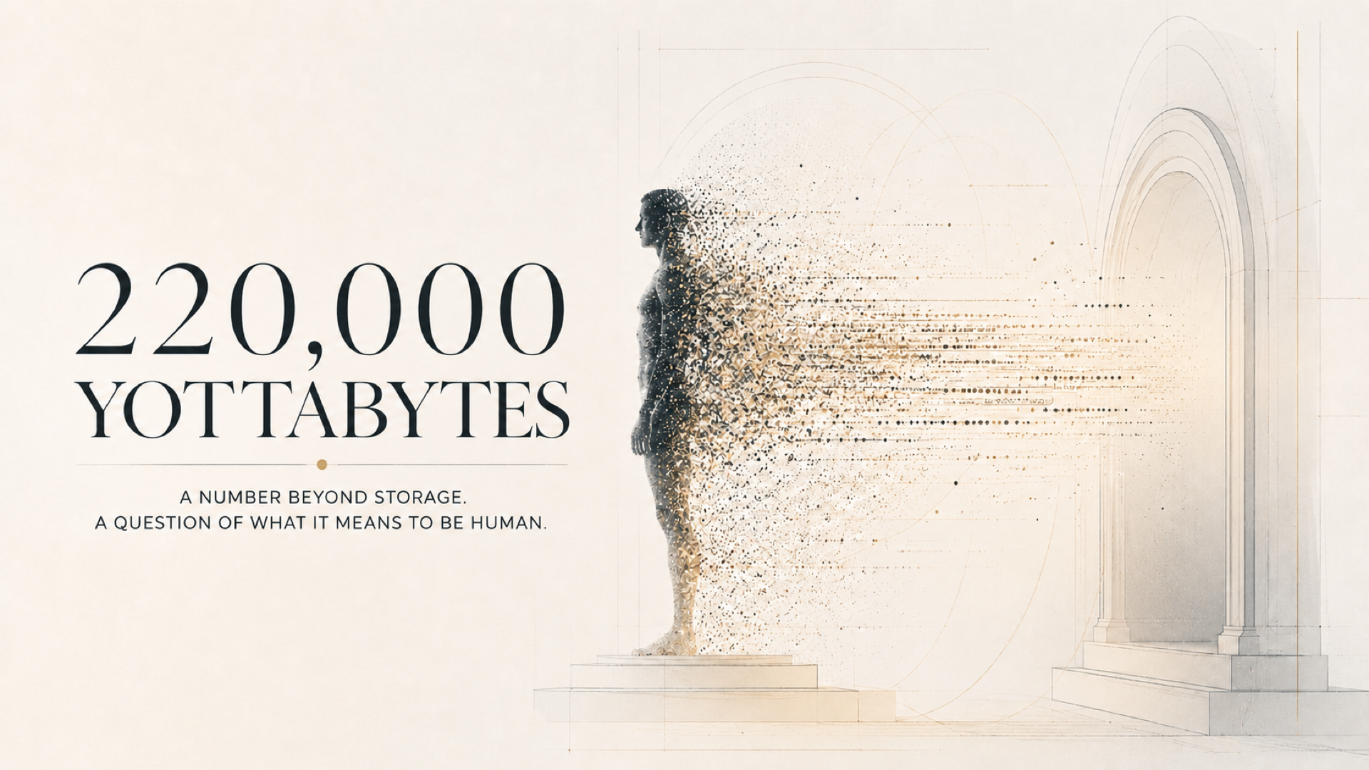 A human figure dissolving into a dense stream of particles between two architectural transport terminals.