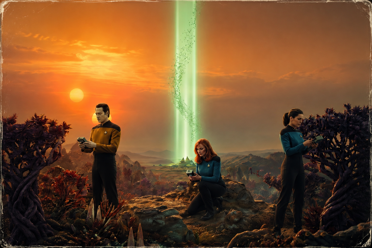 Three Starfleet officers examine handheld instruments on an alien landscape beneath a green beam and an orange sky.