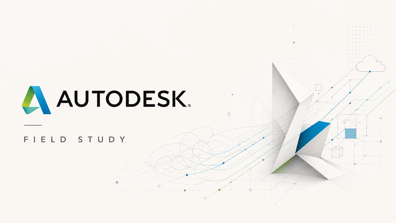 Autodesk's origami-era identity beside fine architectural lines resolving from a tangled legacy system into an ordered cloud platform
