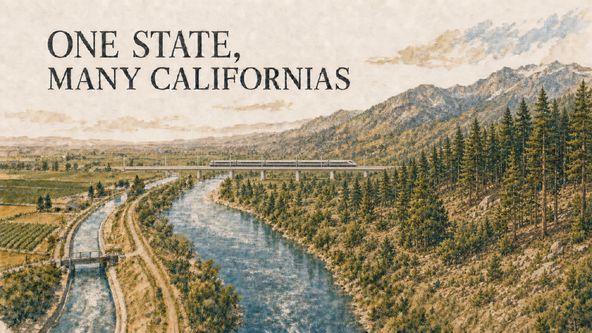 An illustrated California valley where a high-speed train crosses a river and aqueduct beneath forested Sierra Nevada slopes.