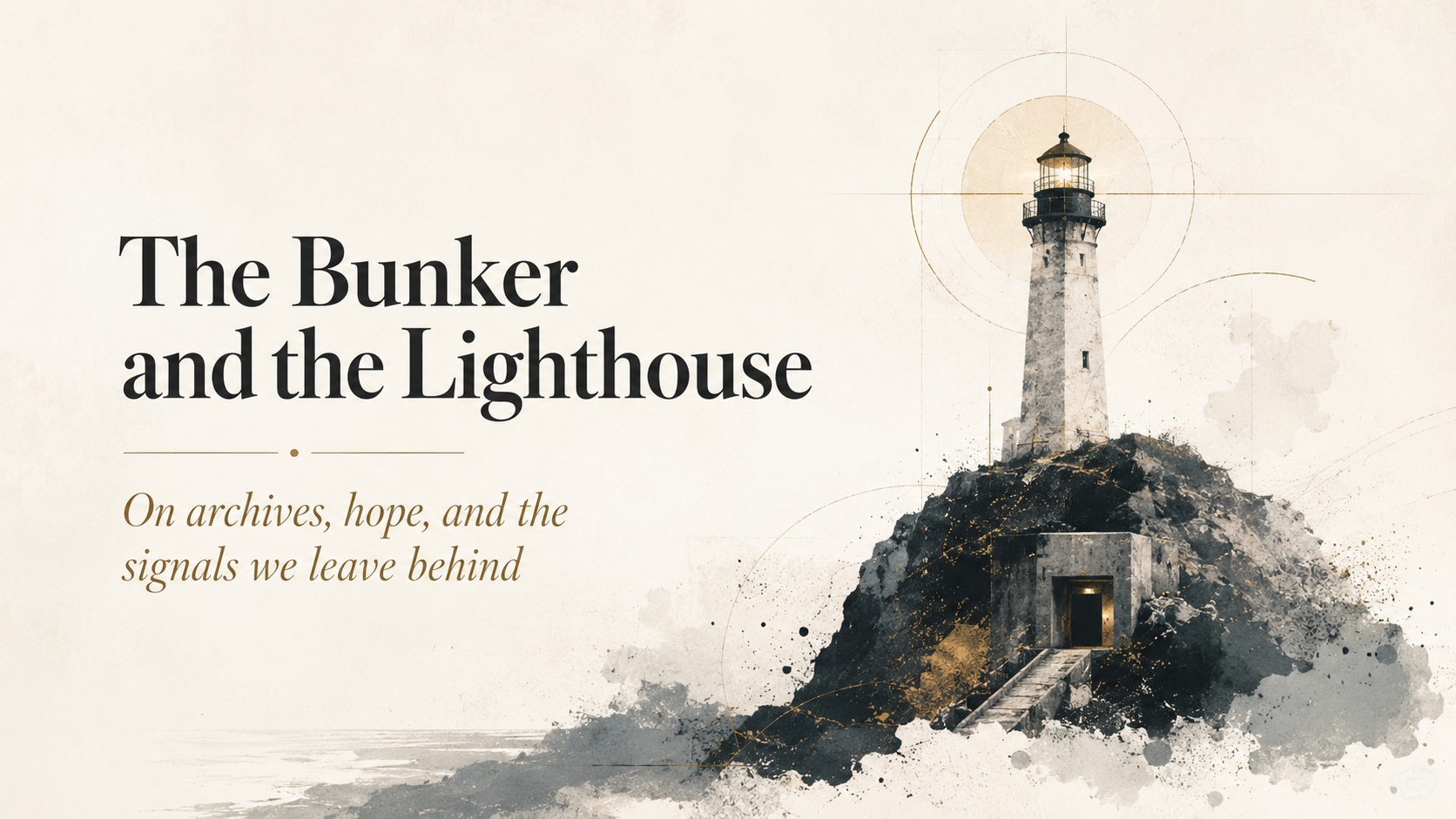 A solitary lighthouse standing above a rocky island with a stormy sea beyond